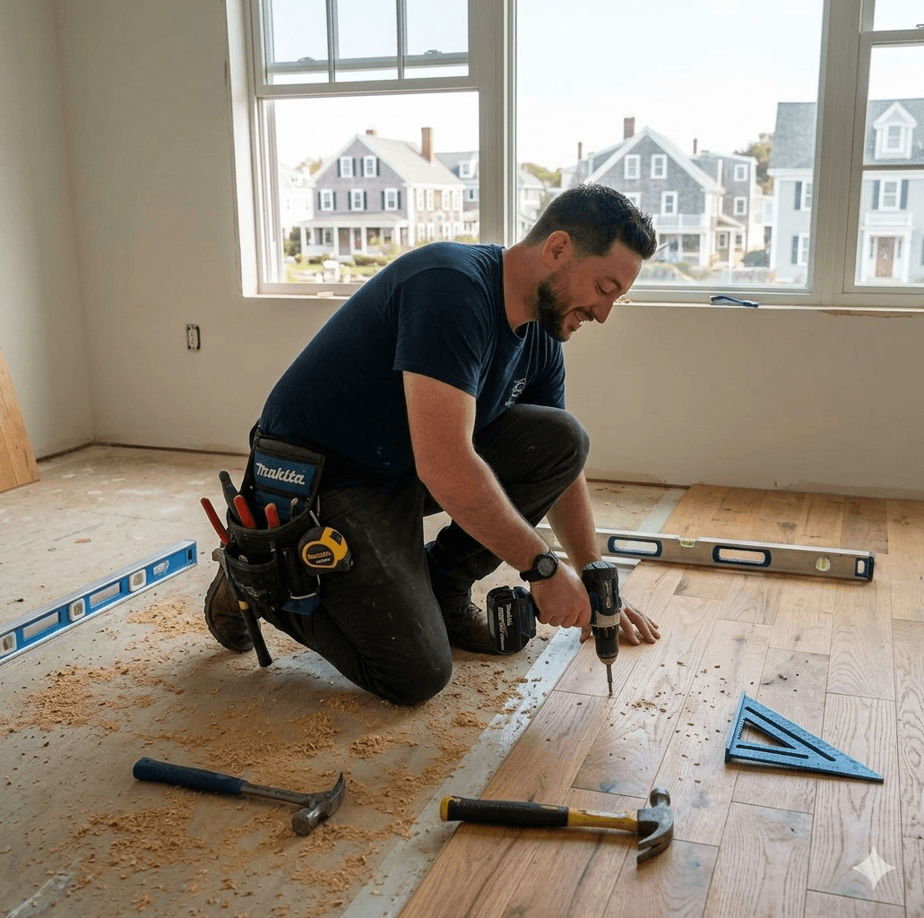 Tony Squillini on a job site, tool belt and level in hand, framing square and hammers laid out on the wood floor he is finishing — Anjo Services, LLC owner