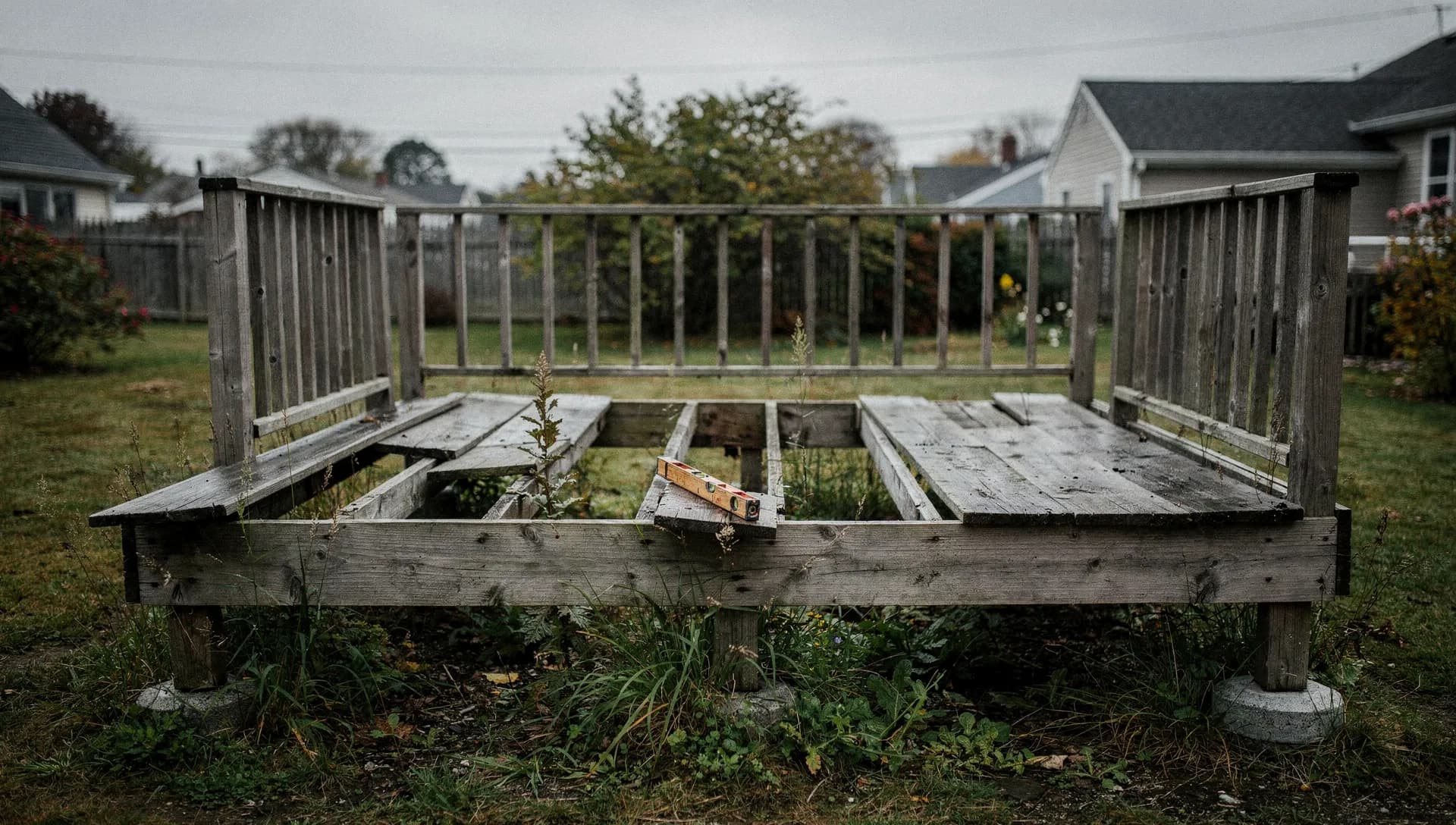 An abandoned half-built backyard deck left unfinished, missing railings and exposed framing.