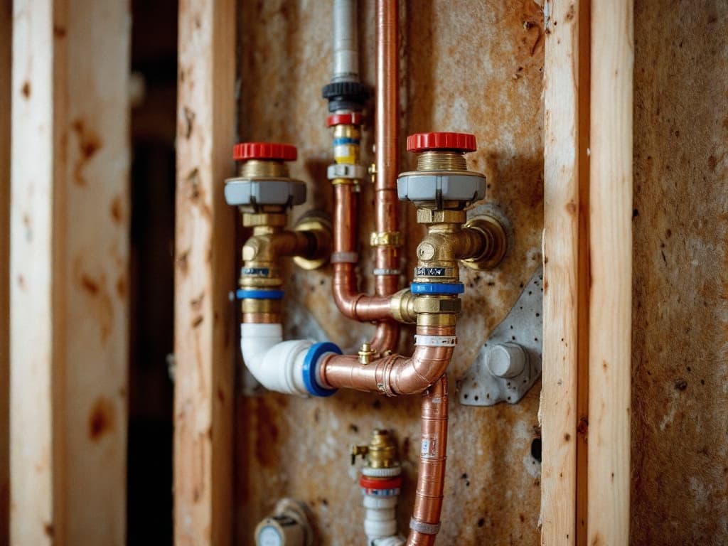 An open bathroom wall showing copper and red-and-blue PEX supply stub-outs for a lav and toilet, quarter-turn valves capped for a pressure test.
