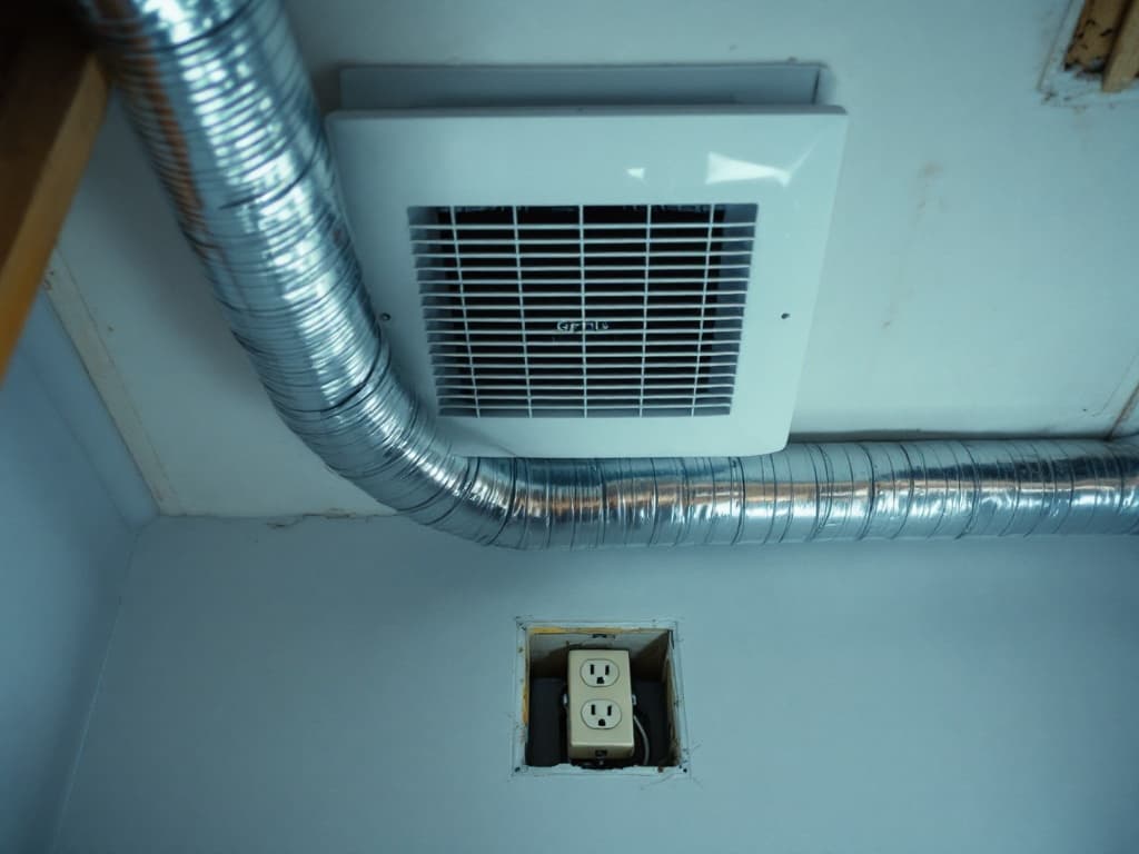 A bathroom ceiling exhaust fan housing with insulated duct running to a vent, and a GFCI outlet roughed into a wall box nearby with neat wiring.