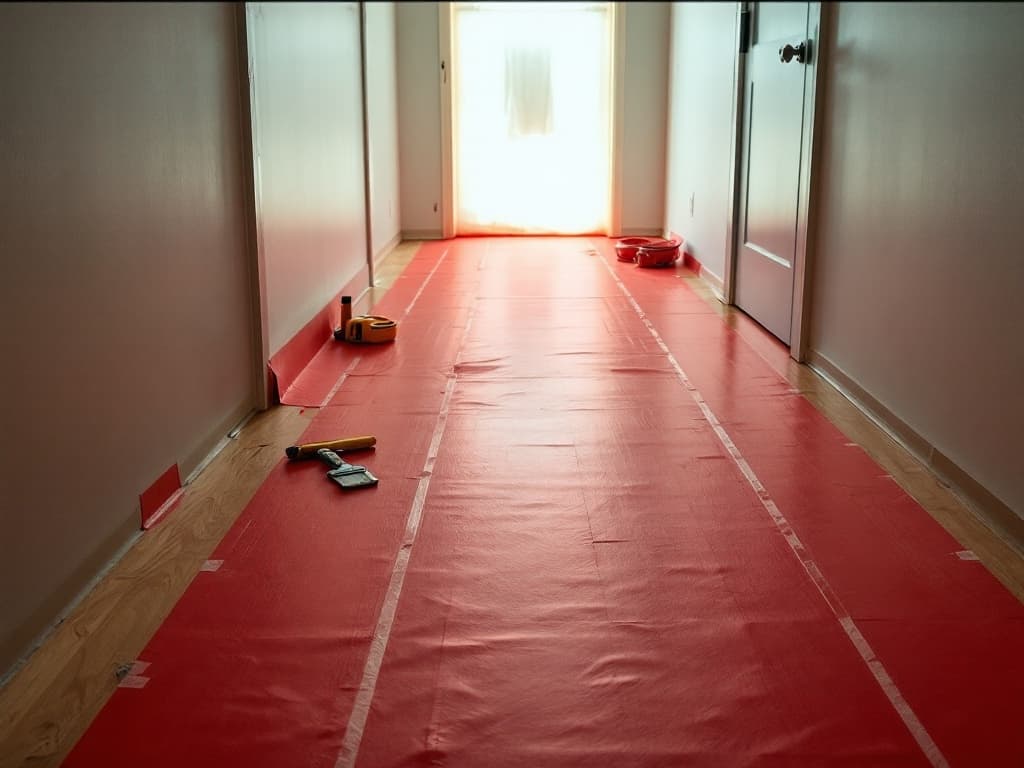 Red rosin paper taped in a runner down a hardwood hallway toward a bathroom doorway, with a plastic dust wall at the door and tools staged on the paper.