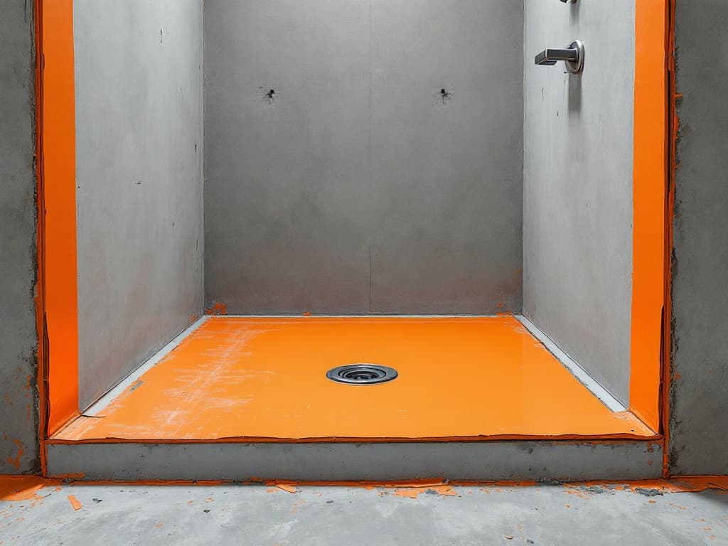 A shower stall with orange waterproofing membrane and banding applied over gray backer board, seams rolled flat and the drain flange sealed, before any tile.