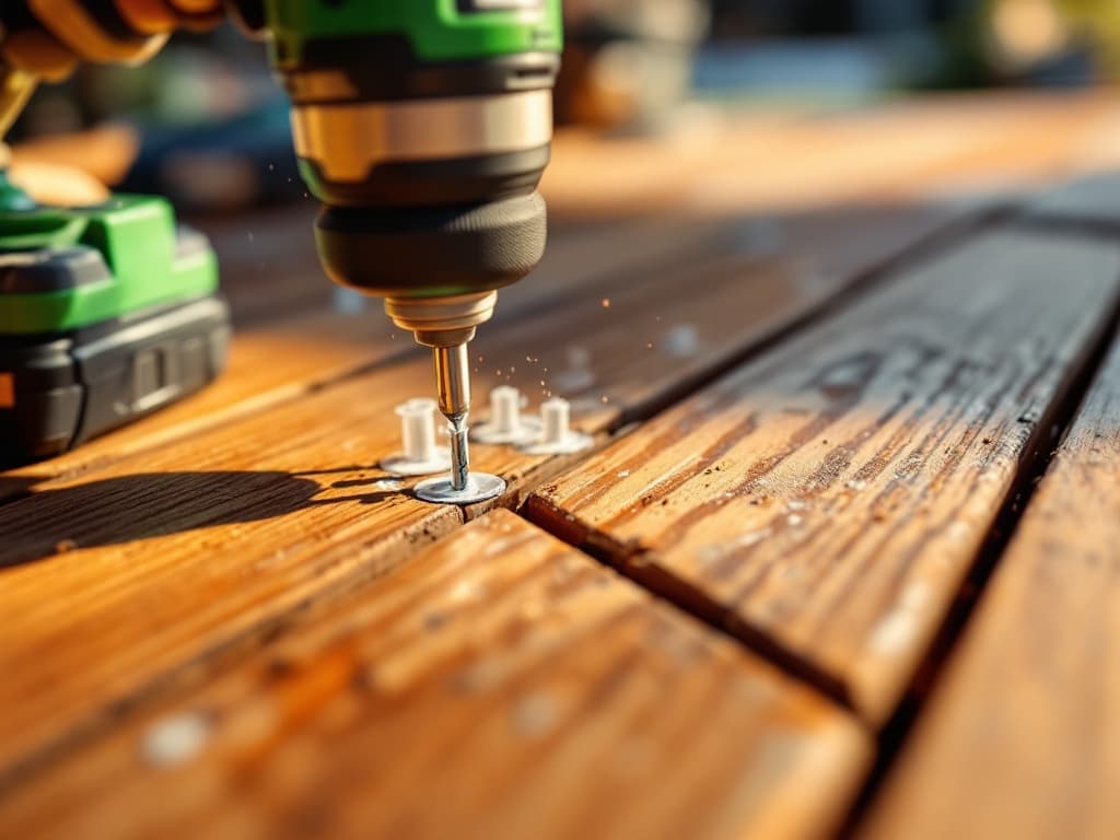 Close-up of composite deck boards being fastened with hidden clips between the grooves and a cordless impact driver mid-drive, no screw heads on the surface.