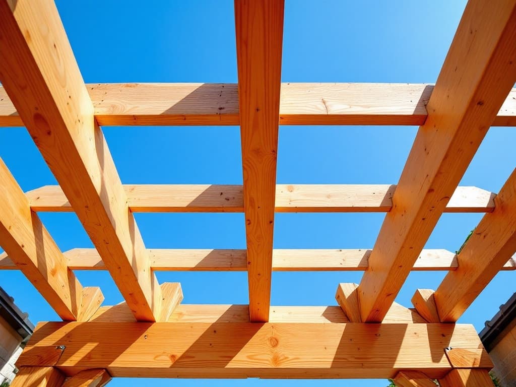 An upward view through a newly built cedar pergola with evenly spaced rafters and shaped rafter tails notched over a beam, casting a ladder of shadows.