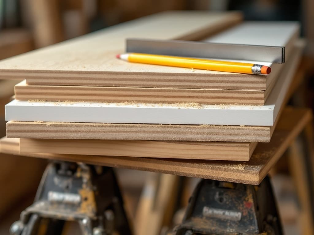 A stack of pre-primed white MDF trim boards and raw poplar lengths resting on metal sawhorses with a pencil and speed square on top.