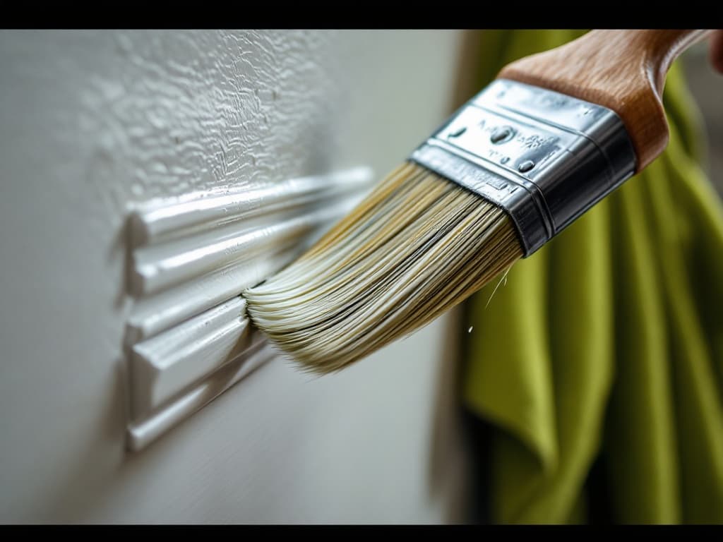 An angled sash brush cutting a crisp white paint line where board-and-batten trim meets a wall, with a tooled caulk line and wet paint sheen.