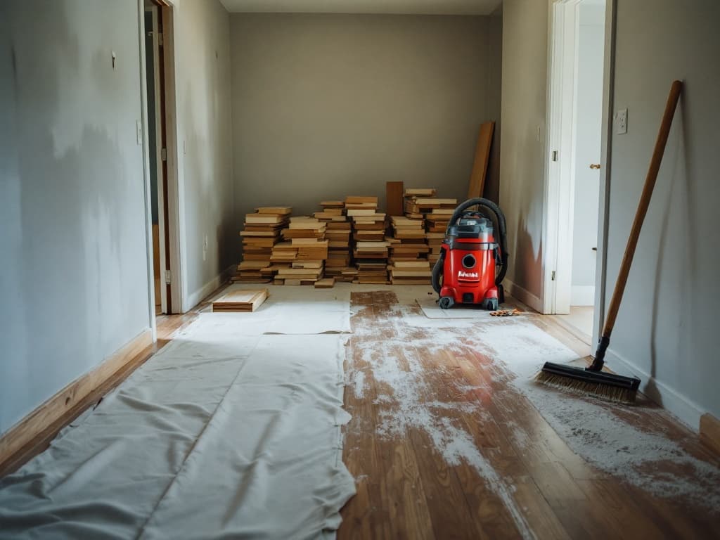 Canvas drop cloths running from a doorway across hardwood to a work zone, a red shop vac and neatly stacked trim offcuts at the end of the day.