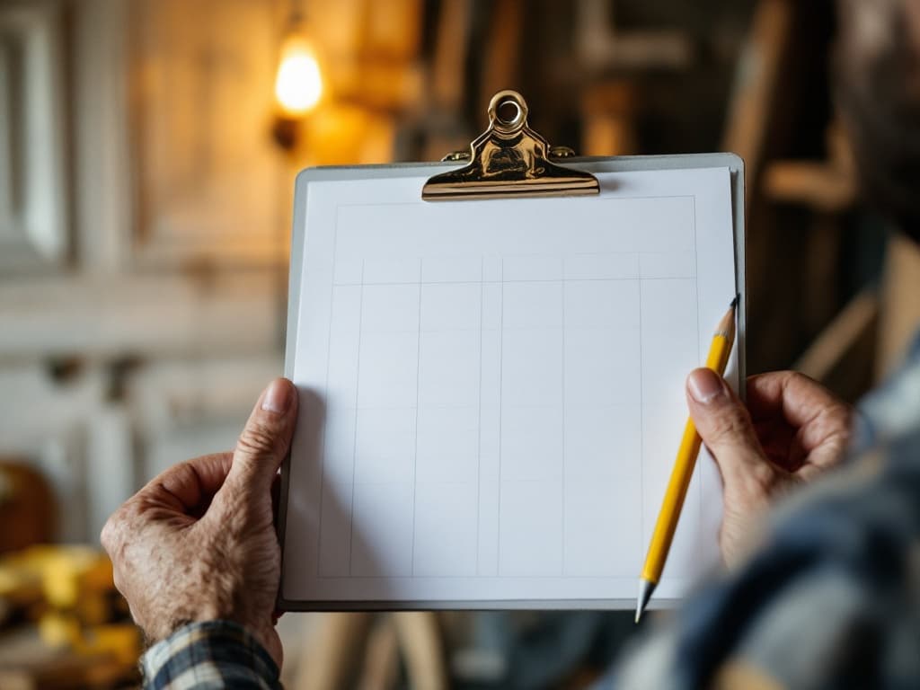 A carpenter's hands holding a clipboard with a blank ruled grid form and a yellow tape measure, a finished millwork accent wall blurred behind.