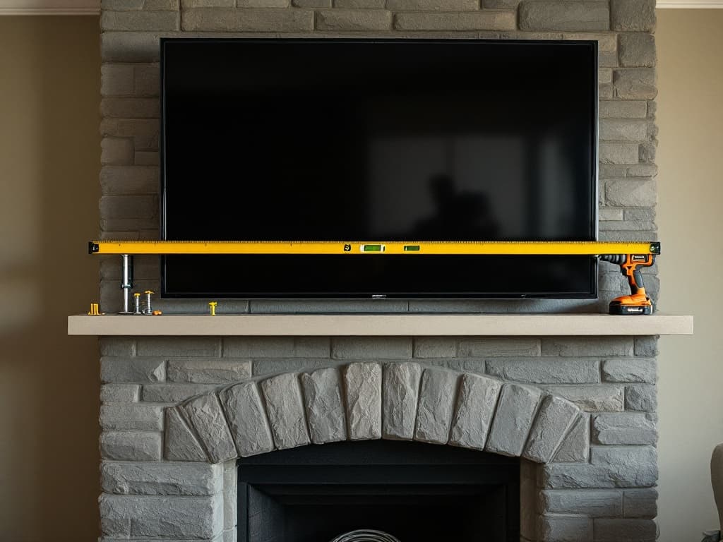 A large flat-screen TV being leveled on a wall bracket above a stone fireplace, a level laid on top reading true and cables being routed into the wall.