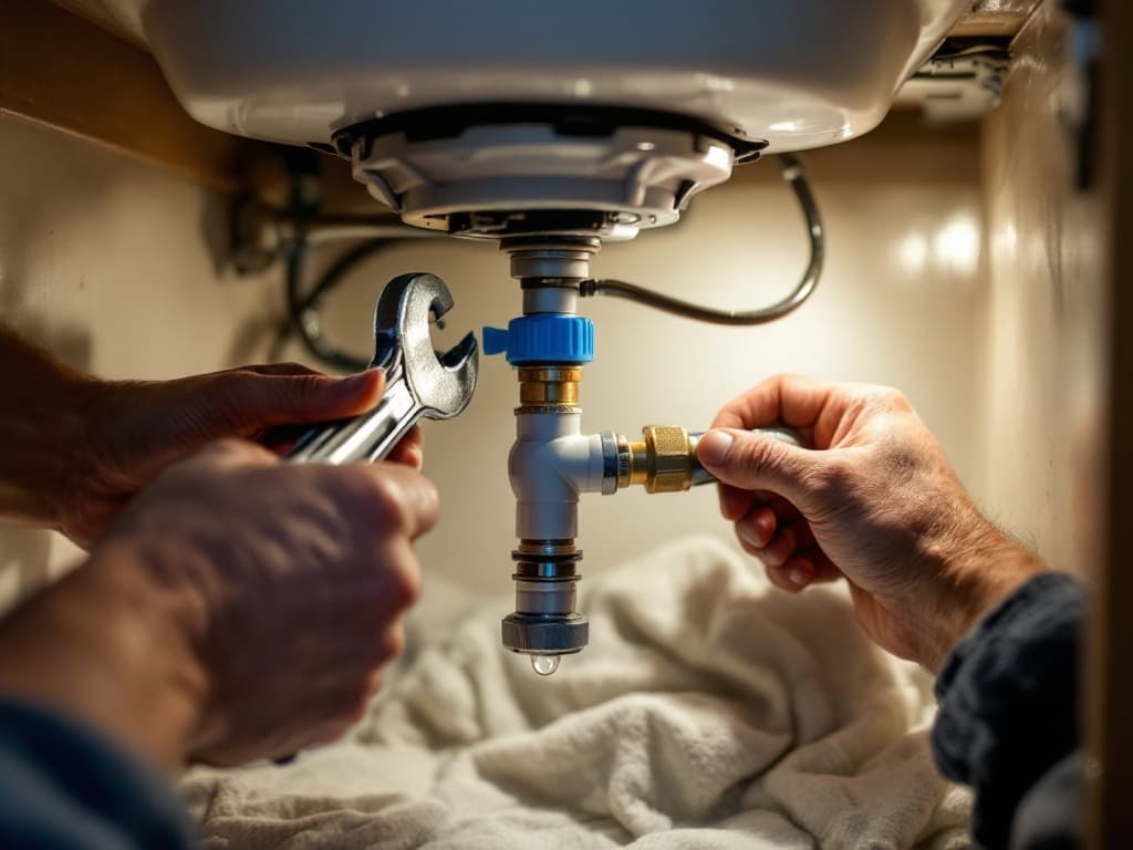 Under-sink close-up of hands tightening a new bathroom faucet's supply connections with a basin wrench, a blue shut-off valve open and a rag catching drips.