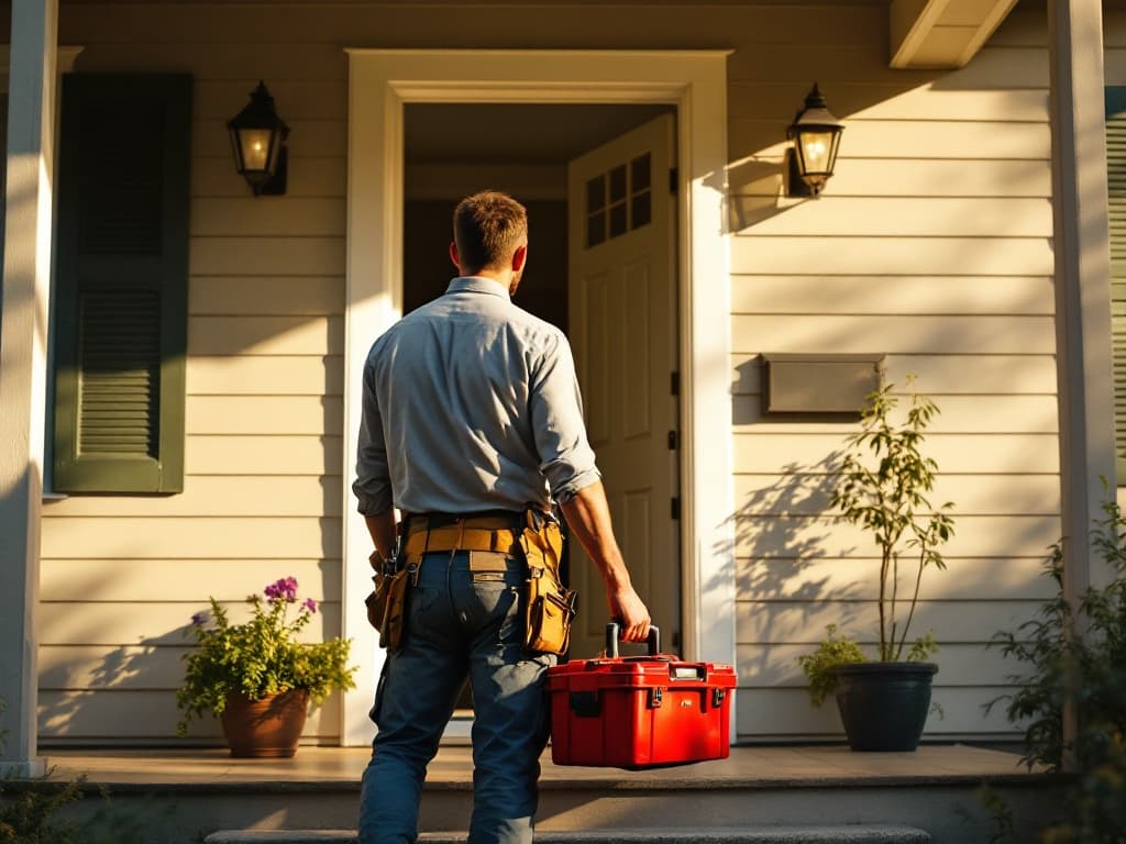 An over-the-shoulder view of a single tradesman in a work shirt and tool belt standing at a suburban front door with a red toolbox in warm morning light.
