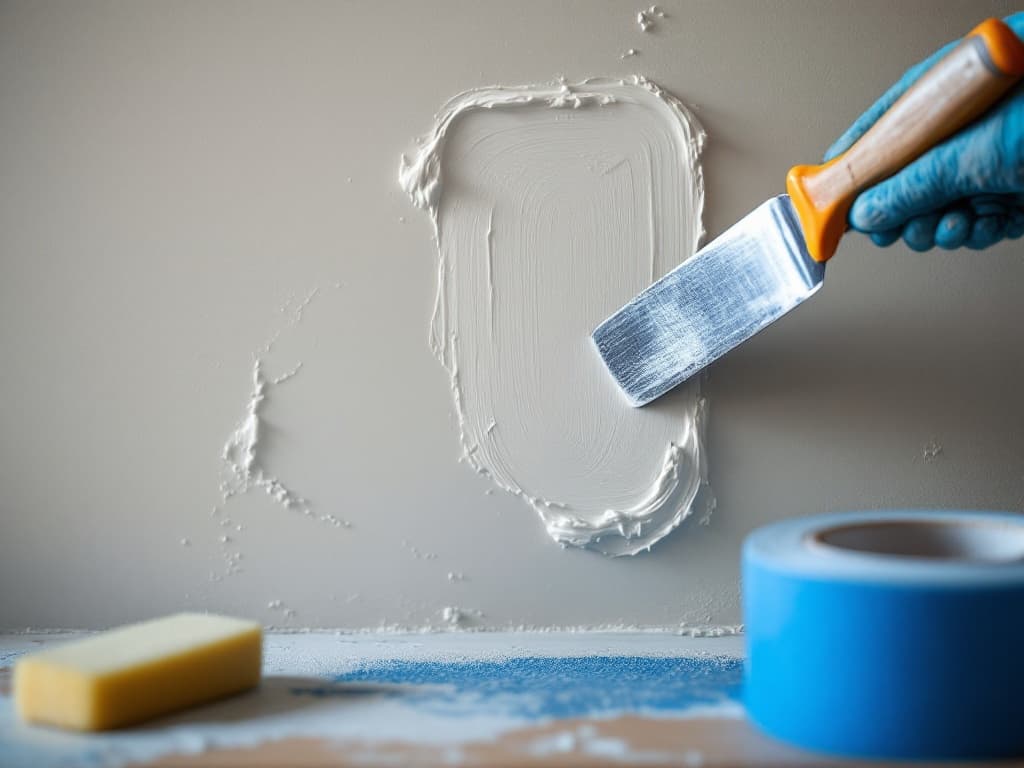 A putty knife smoothing joint compound over a mesh-taped drywall patch on a wall, feathered edges, a sanding sponge and a small paint roller waiting nearby.