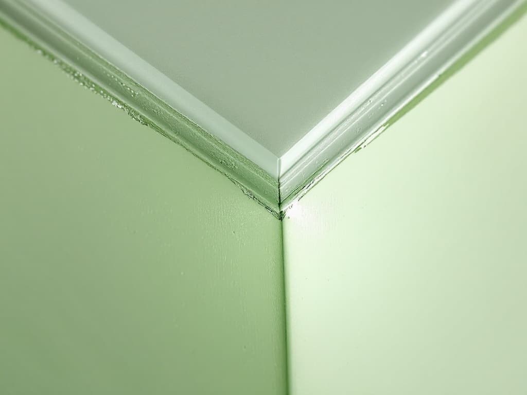 An angled sash brush cutting a razor-straight paint line where a white ceiling meets a sage-green wall, no tape, the wet edge glistening.