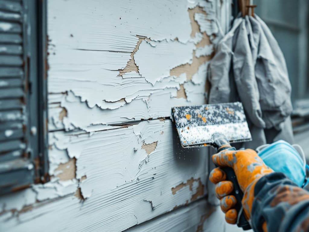 A carbide scraper peeling curls of old paint off weathered wood clapboard siding, feathered bare-wood patches showing and a dust mask hanging on a nail.
