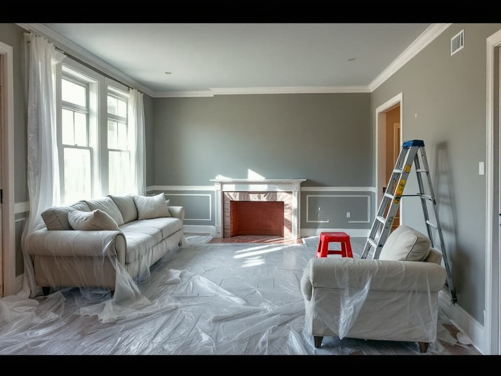 A living room with furniture clustered in the center under clear plastic sheeting, canvas drop cloths over the floor and a red step stool by a ladder.