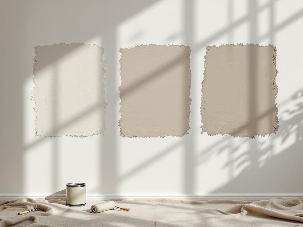 Three brushed-on paint sample squares in graduated greige tones drying side by side on a living-room wall, a small sample can and mini roller on the floor below.