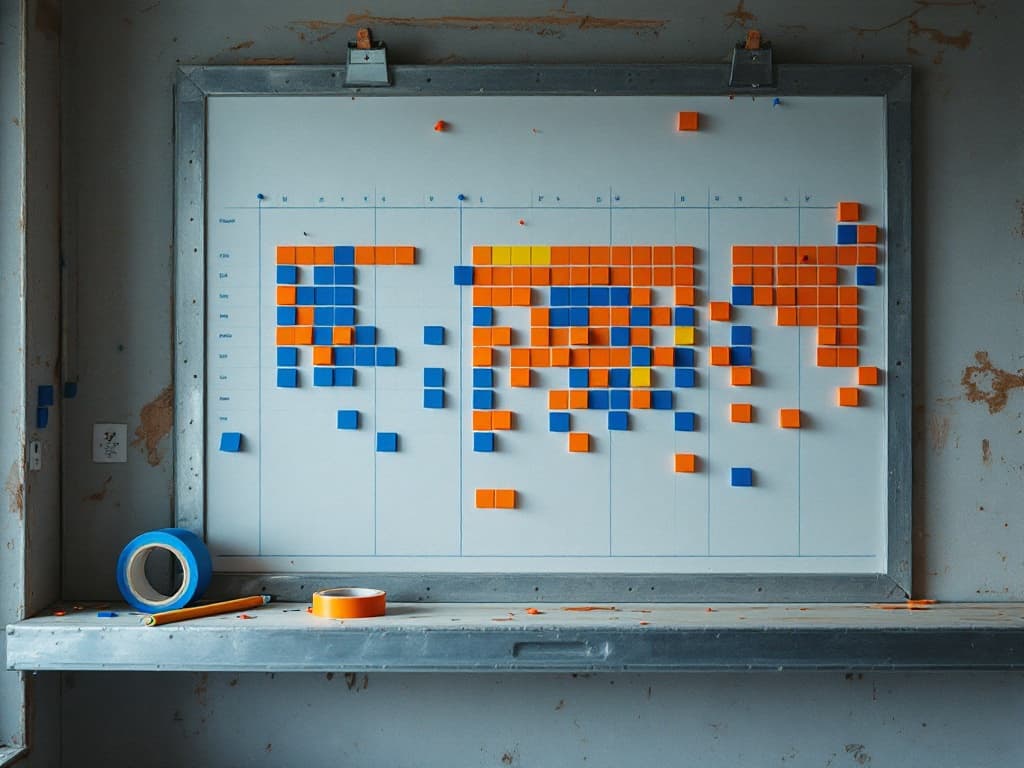 A jobsite planning wall with colored magnetic tape blocks and pushpins mapping a schedule grid, a framing pencil and blue tape on the ledge.