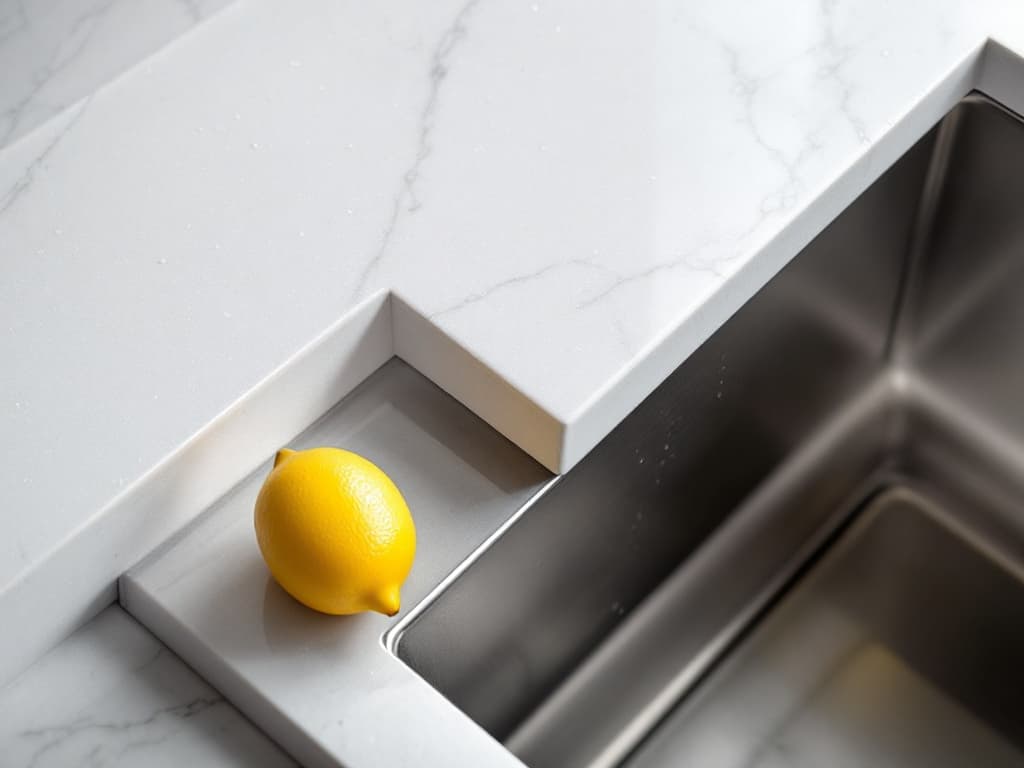 Overhead close-up of a polished mitred quartz countertop edge meeting an undermount stainless sink, with a lemon on the honed surface.