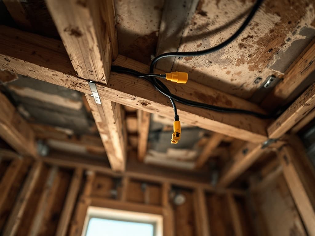 Upward view into an open kitchen ceiling with new recessed can housings wired in, neat cable runs stapled to joists and yellow wire nuts.