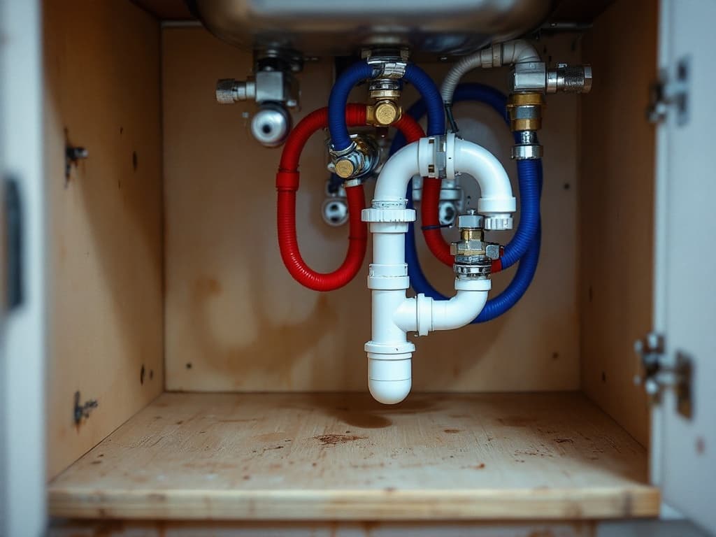 Under-cabinet close-up of new red and blue PEX supply lines, a chrome faucet's tailpieces with quarter-turn shut-off valves and a fresh P-trap.