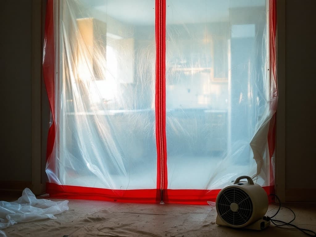 A floor-to-ceiling clear plastic dust barrier zipped across a kitchen doorway, taped tight at floor and ceiling, with a negative-air fan on the floor.