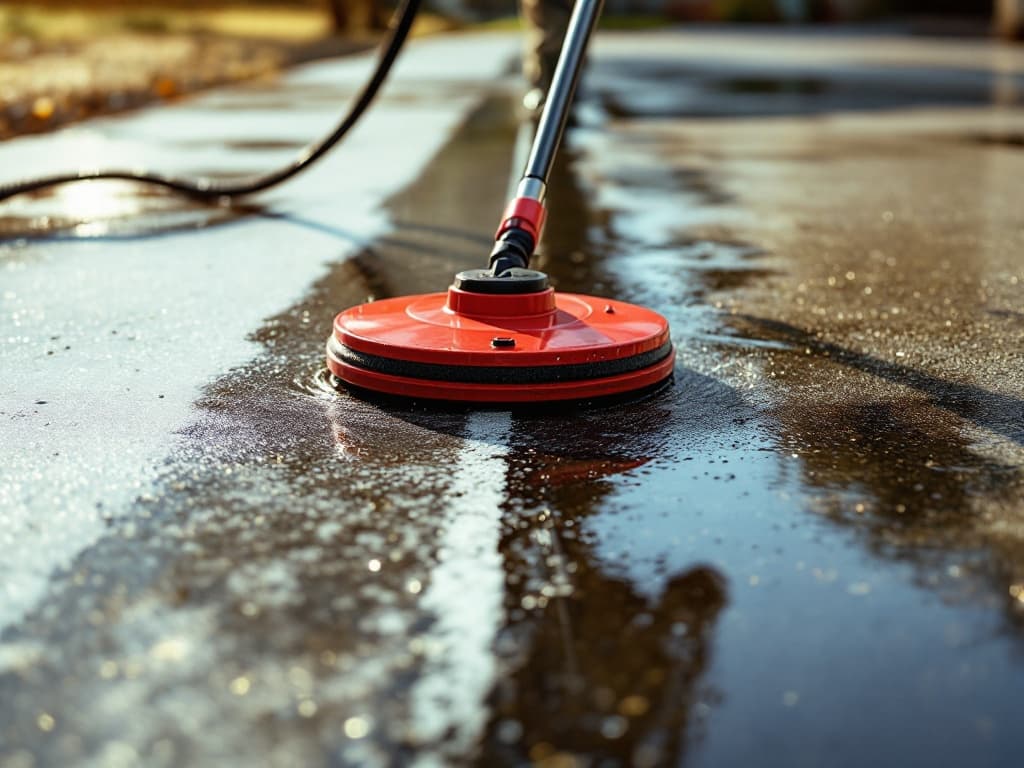 A concrete driveway being cleaned with a round surface-cleaner attachment, a sharp line between the bright cleaned concrete and the dark grimy section still to go.