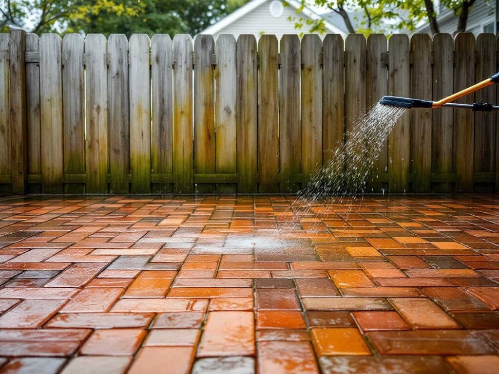 A paver patio and adjacent wood fence being washed, the cleaned pavers showing warm red and tan color while the untouched section stays dull and green-tinged.