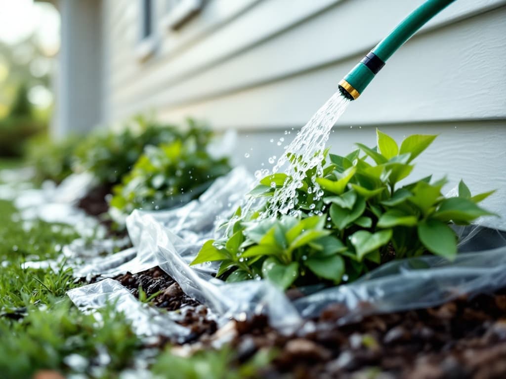 Foundation shrubs and flower beds covered with plastic tarps and being pre-wet with a garden hose next to a house wall staged for soft washing.